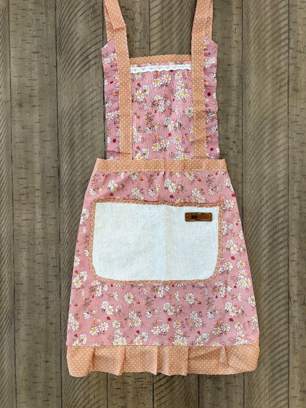 Handmade Pink Floral Daisy Apron Cottagecore Ruffle Hem